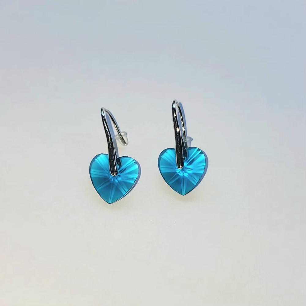 Turquise Blue Crystal Heart Rhinestone Hearts Drop Dangle Silver Hook Earrings